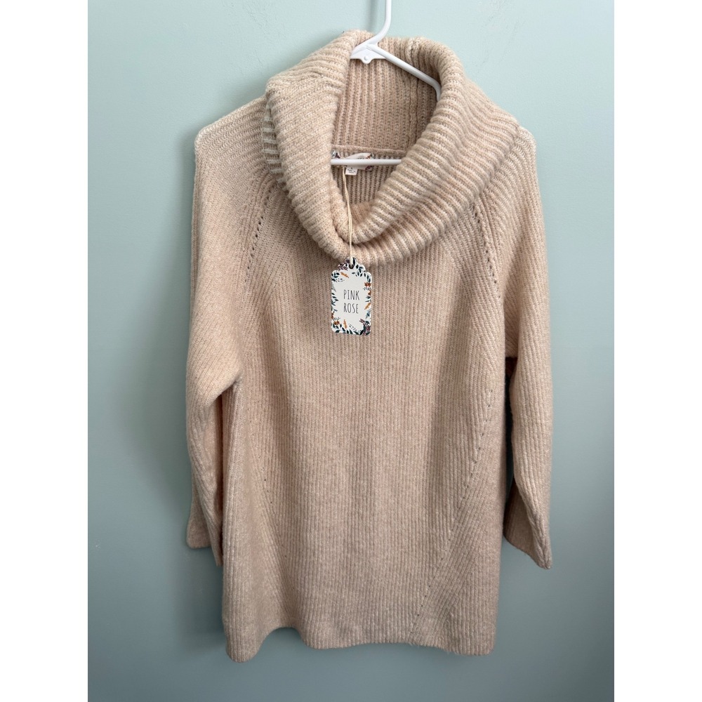Pink Rose Cowl Neck Tunic Sweater Oatmeal Beige Ribbed Knit NWT Size Medium